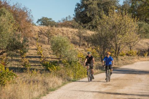 Pareja en bicicleta por un camino de tierra